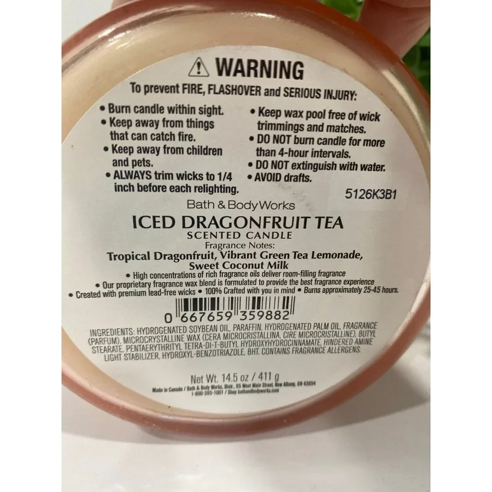 Bath & Body Works White Barn “Iced Dragonfruit Tea” New 3 Wick Candle